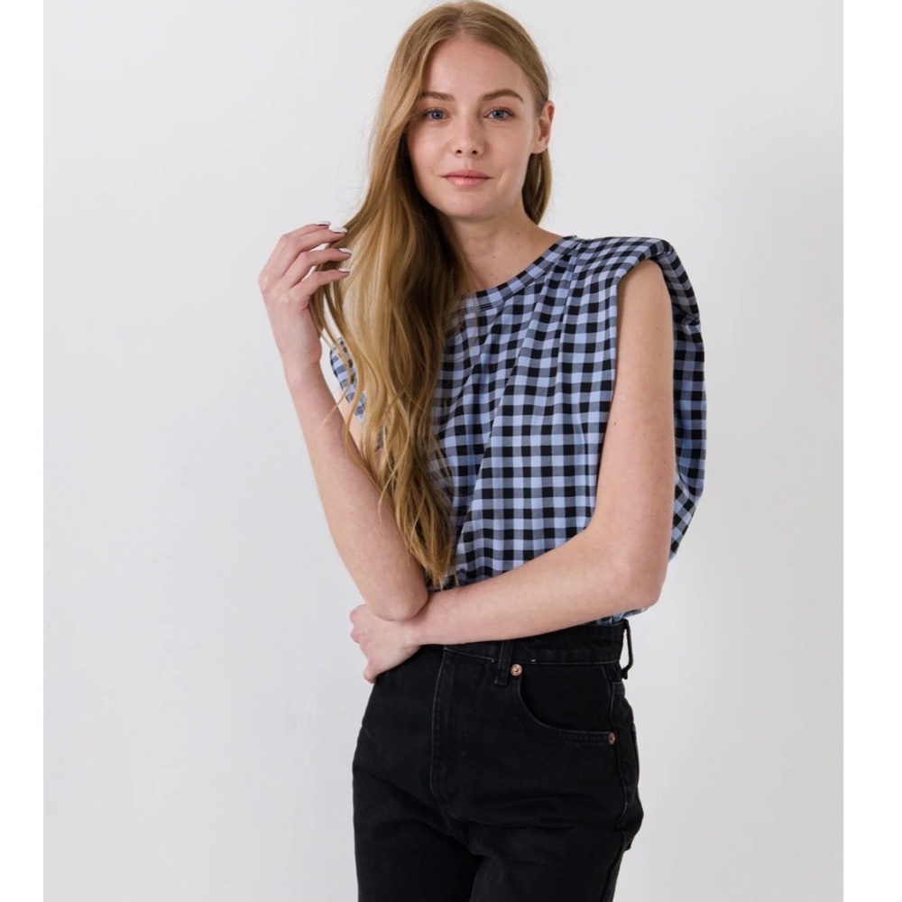 Endless Rose Gingham Print Shoulder Pad T-Shirt